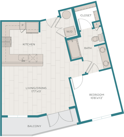 Floor plan for 1 bed, 1 bath, 727 sqft